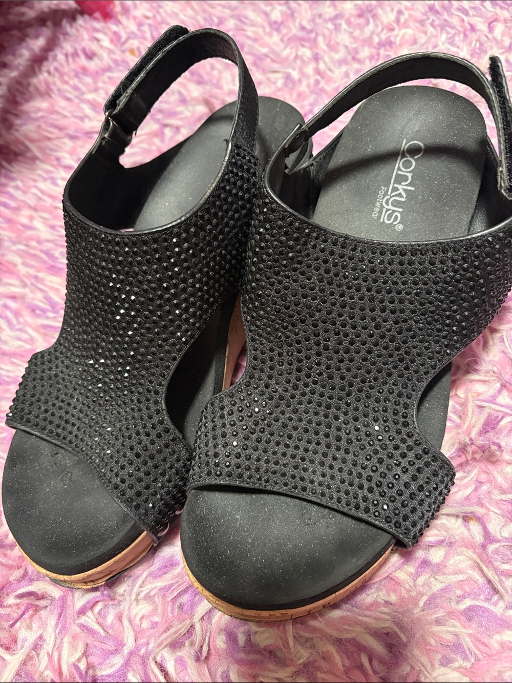 Corkys Black Rhinestone Slingback Wedge Sandals with Tan Platform sz 8